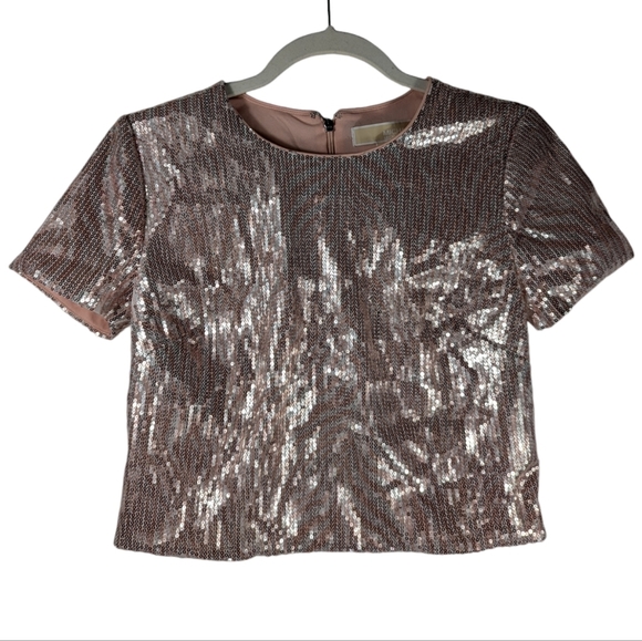 Michael Kors Sequin Top XS Pink Metallic Glitter Short Sleeve Party Blouse - Picture 3 of 13